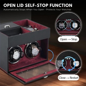 Cutie intors ceasuri iUni, Watch Winder 2 + 3 Compartimente accesorii, Piele ecologica, Negru-Rosu - Img 4