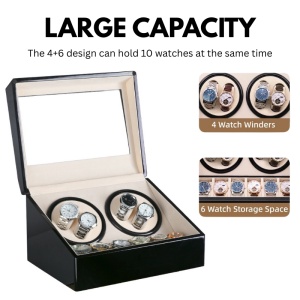 Cutie intors ceasuri iUni, Watch Winder 4 + 6 spatii depozitare, Negru-Crem - Img 2