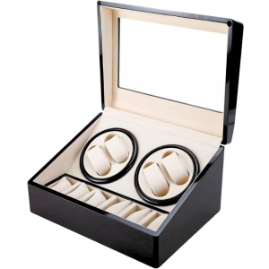 Cutie intors ceasuri iUni, Watch Winder 4 + 6 spatii depozitare, Negru-Crem - Img 12