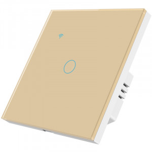 Intrerupator smart touch cap scara/cruce iUni 1F, 1 Canal, Wi-Fi, Sticla securizata, LED, Gold