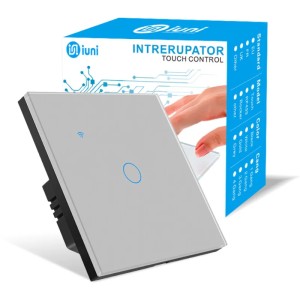Intrerupator smart touch, WiFi, Sticla securizata, iUni 1G, 1 Canal, 10A, Control vocal, Smart Life / Tuya, LED, Silver