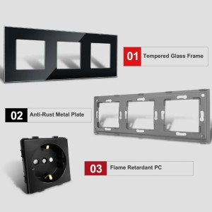 Priza tripla cu rama din sticla securizata iUni WS3, 16A, Black - Img 3