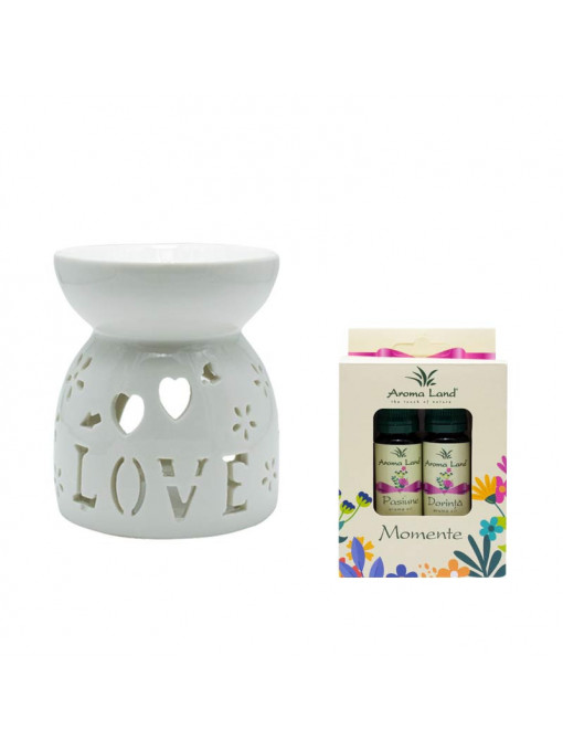 Pachet cadou Romance Aromas, Aromatizor Ceramic si 2 uleiuri Pasiune &amp; Dorinta, Aroma Land, 10 ml