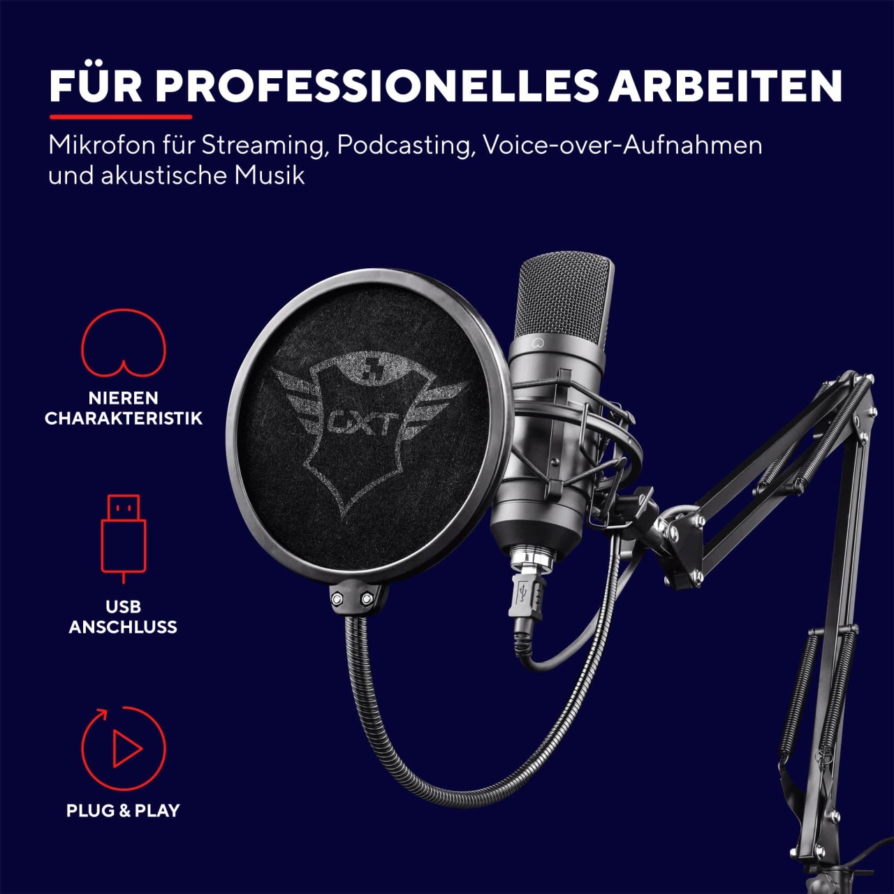 Trust Gaming 22400 GXT 252 Emita Plus Studio Microfon USB cu Brat