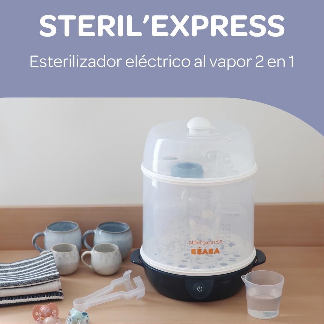 BEABA, Sterilizator de sticle 2 in 1, scalabil, electric cu abur, 2 in 1, 2 compartimente, pana la 8 sticle si accesorii, ultra rapid, temporizator, Steril'Express, albastru de noapte