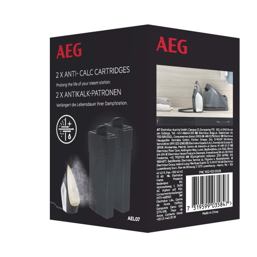 AEG AEL07 Cartuse anticalcar pentru statie de calcat cu abur ST7 si ST8 (prevenirea calcifierii, filtrare de inalta eficienta, inlocuirea filtrului, statie de calcat accesorii, manevrare usoara, 2 bucati, negru)