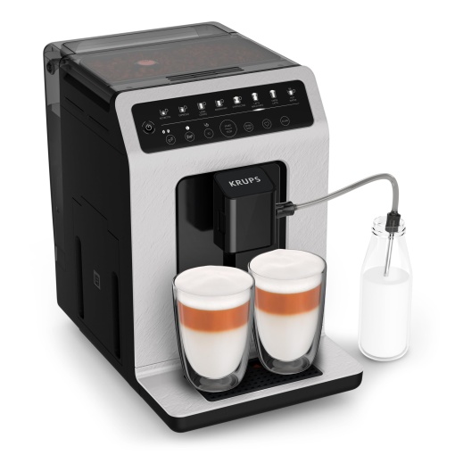 Aparat de cafea complet automat Krups Evidence ECOdesign cu tub de lapte, 8 bauturi, functie de 2 cani, material reciclat, aparat de cafea, alb/ardezie, EA897A10