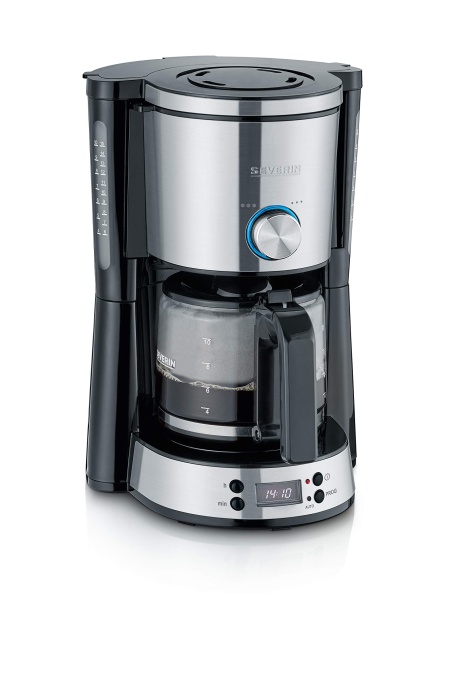 Aparat de cafea SEVERIN "TypeSwitch" cu ulcior de sticla si cronometru, AromaSwitch pentru 2 optiuni de preparare, ceas digital cu functie de cronometru, pentru pana la 10 cani, 1.000 W, otel inoxidabil periat-negru, KA 4826