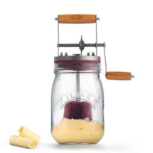 Aparat Kilner preparare unt cu manivela, faceti singur unt delicios in doar 10 minute, cu agitator de silicon, 1L, incl. instructiuni si retete, de asemenea pentru unt de ierburi, unt de usturoi etc., 27 cm inaltime