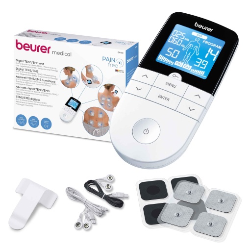 Beurer EM 49 Digital TENS/EMS, dispozitiv de curent de stimulare 3 in 1 pentru ameliorarea durerii prin stimulare electrica nervoasa, antrenament prin stimulare electrica musculara, functie de masaj, inclusiv 4 electrozi