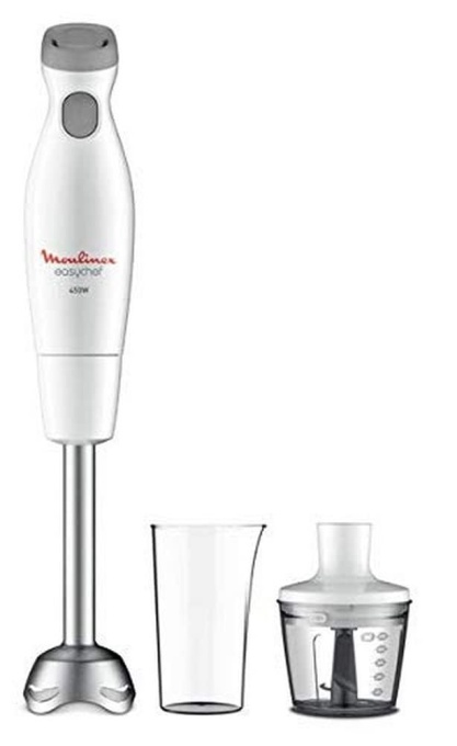 Blender de mana Moulinex Easychef 2 in 1, putere de 450 W, obust, robust, lame Zelkrom, cana de 800 ml si tocator de 500 ml, 2 setari de viteza, protectie impotriva stropirii