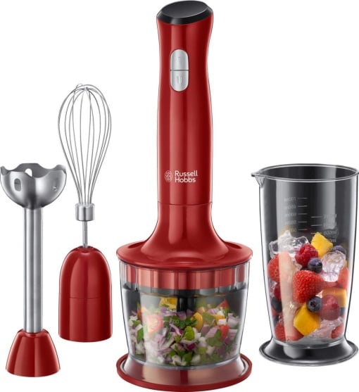 Blenderul de mana Russell Hobbs [3 in 1: blender de mana/tocator, blender si atasament pentru tel] Desire Red (accesoriu fara BPA si care poate fi spalat in masina de spalat vase, pentru smoothie-uri, sosuri de supa, iaurt pentru bebelusi) 24700-56