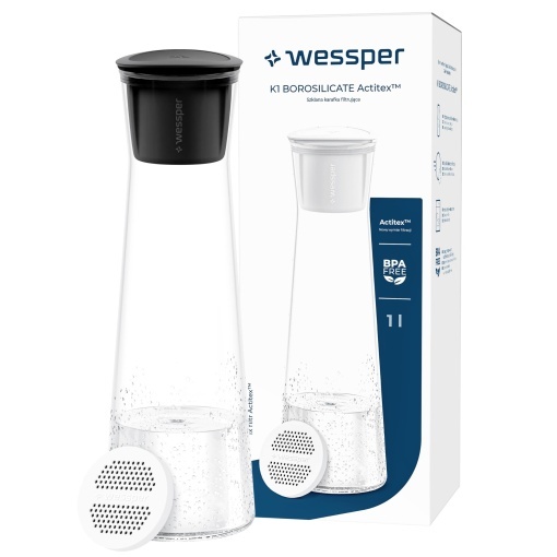 Carafa cu filtru de apa din sticla Wessper, 1 litru, carafa de apa cu filtru de apa cu micro disc, carafa de sticla cu capac, pentru apa filtrata si bauturi reci, fara BPA - negru