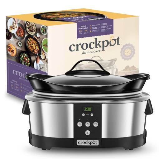 Crockpot, aragaz lent electronic | 5,7 l (5-6 persoane) | Programabil cu temporizator digital de 20 de ore | Otel inoxidabil [SCCPBPP605], argintiu