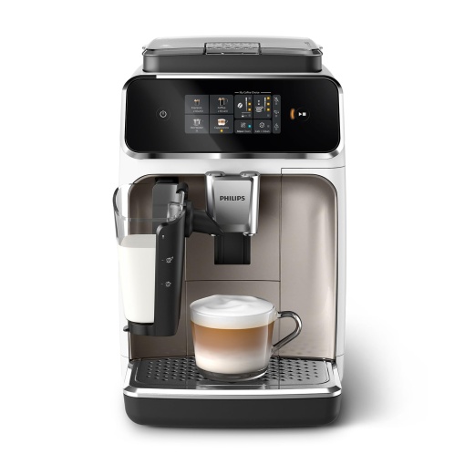 Espressor complet automat seria PHILIPS 2300 - 4 bauturi, afisaj color modern cu ecran tactil, sistem de lapte LatteGo, SilentBrew, rasnita ceramica, filtru AquaClean. Crom alb (EP2333/40)