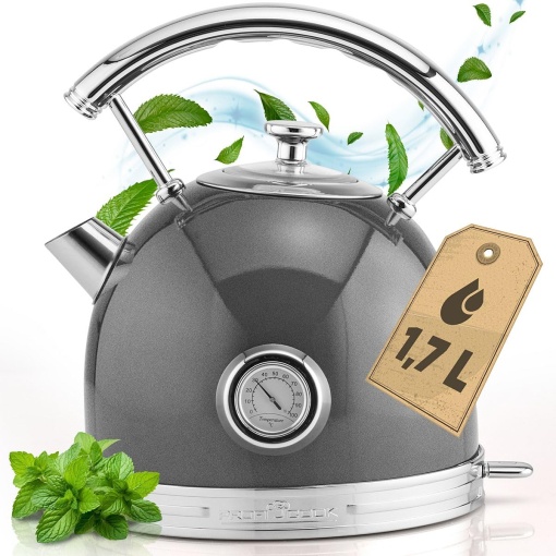 Fierbator ProfiCook(r) 1.7L cu design vintage elegant - Ceainic retro cu carcasa metalica solida si aplicatii cromate - Ceainic cu afisaj de temperatura, 2200W - PC WKS 1192 antracit