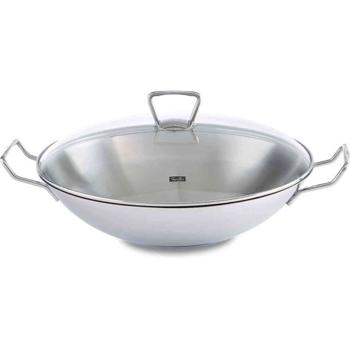 Fissler Kunming/wok din otel inoxidabil (O 36 cm) tigaie mare wok neacoperita, tigaie asiatica cu capac din sticla, incl. insertie pentru grila, toate tipurile de aragaz - de asemenea inductie