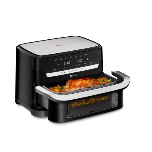 Friteuza cu aer Tefal Dual Easy Fry Flex separator FlexCook capacitate totala de 9 L 7 moduri diferite 2 zone de gatit independente negru EY9228E0
