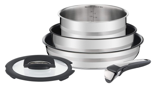 Jamie Oliver by Tefal L95690 Set de 5 piese pentru tigai si oala Ingenio | Rezistent la cuptor pana la 250degC fara maner | Thermo-Spot | Fara PFOA | potrivit pentru toate tipurile de sobe, inclusiv inductie | Otel inoxidabil/negru