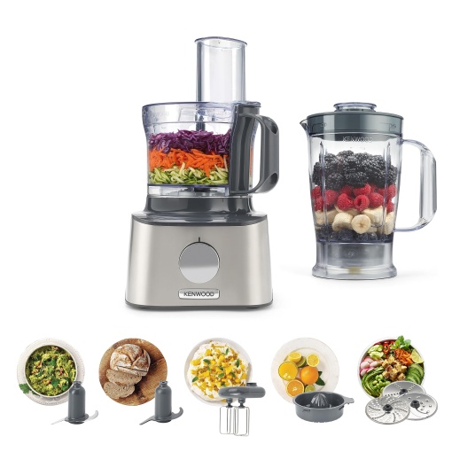 Kenwood MultiPro Compact FDM301SS - Robot de bucatarie compact, 2,1 litri, ajutor puternic de bucatarie cu accesoriu pentru blender acrilic, storcator de citrice si alte accesorii, carcasa metalica, 800 W, argintiu