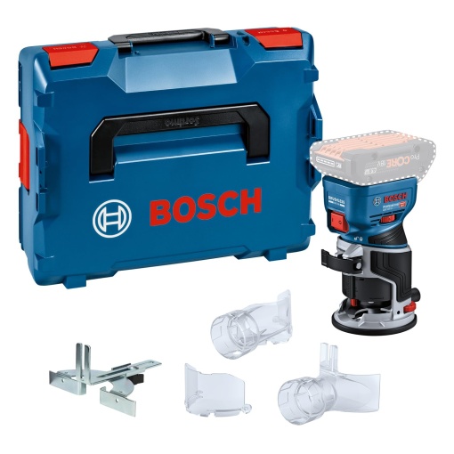 Masina de frezat margini cu acumulator Bosch Professional 18V System GKF 18V-8 (incl. ghidaj de taiere, 2x adaptor de aspiratie pentru frezare, protectie impotriva aschiilor, colt de 8 mm, cheie de tensionare, L-BOXX fara baterie/incarcator)