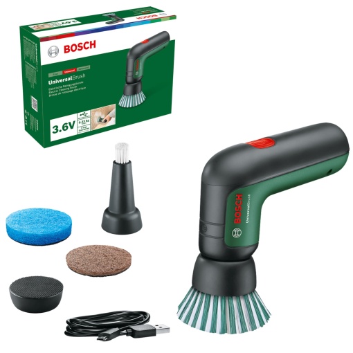 Perie de curatare fara fir pentru casa si gradina Bosch UniversalBrush (baterie integrata de 3,6 V, 1 cablu micro USB si 4 accesorii de curatare incluse, in cutie) Verde, Norme