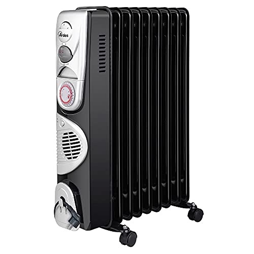 Radiator electric de ulei Ardes AR4R09BTTE OILO 9TT 9 elemente de incalzire, temporizator, 3 forte, ventilatie turbo, cu roti, 2500W, negru si argintiu
