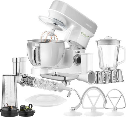 Robot de bucatarie multifunctional Sencor supraechipat, puternic 1200W, accesorii complete, bol mare din otel inoxidabil de 5L, iluminare LED, blender, masina de tocat carne, masina de prajituri si capac magnetic
