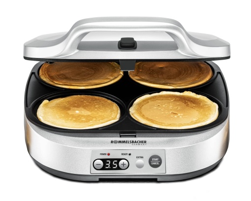 ROMMELSBACHER Pancake Maker PC 1800, 4 jgheaburi de copt a 13,5 cm O, acoperire antiaderenta, cronometru de 15 minute, oprire automata, 1800 wati, argintiu