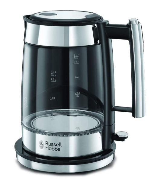 Russell Hobbs Boiler Glass Design [1.7l, 2200W] Elegance - Aplicatii din otel inoxidabil lustruit (iluminare LED albastra, filtru de var detasabil, indicator de nivel al apei) Ceainic 23830-70