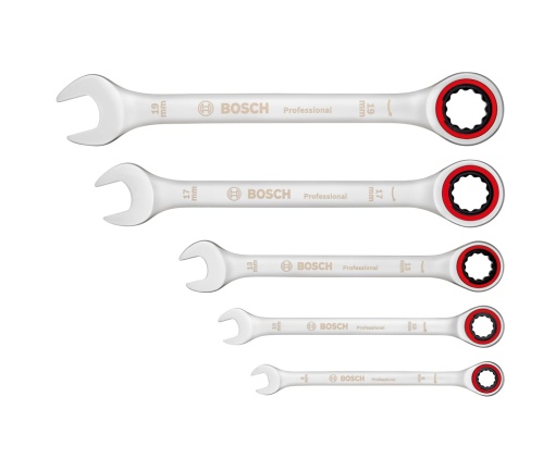 Set de chei cu clichet Bosch Professional (5 bucati, dimensiuni standard 8-19 mm, otel crom vanadiu, in geanta pliabila din panza)