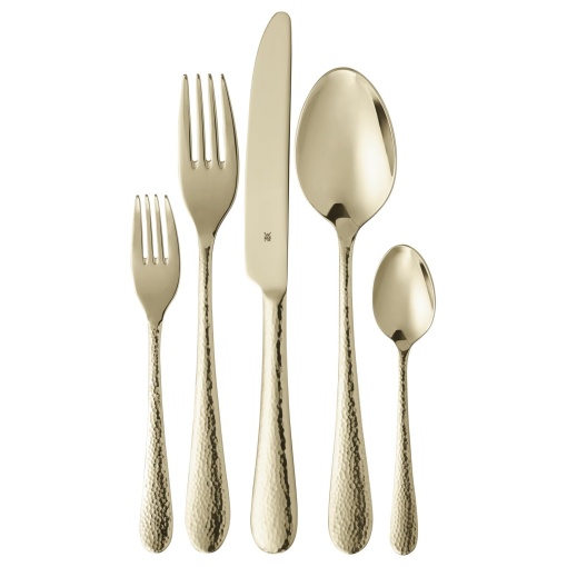 Set tacamuri WMF Sitello 6 persoane, editie aurie, set tacamuri 30 bucati, cutit monobloc, otel inoxidabil Cromargan lustruit, suflare cu ciocan, ergonomic, stralucitor, auriu