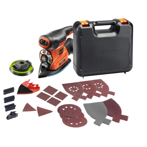 Slefuitor multipla 4 in 1 Black+Decker (220W, cu selectie automata, schimbare a placii de slefuire fara unelte, cu atasament pentru degete, intr-o carcasa cu 17 bucati) Set de accesorii pentru smirghel) KA280K