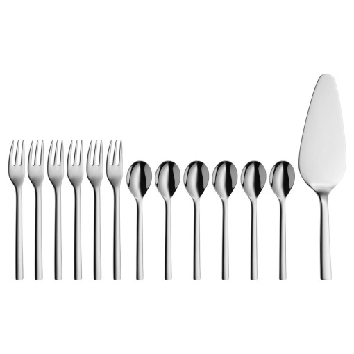 Tacamuri de fructe/prajituri WMF Nuova 13 bucati, pentru 6 persoane, lingurita de cafea, furculita de tort, server de prajituri, otel inoxidabil Cromargan lustruit, poate fi spalat in masina de spalat vase
