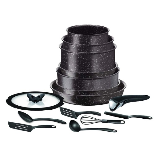 Tefal L6789102 Effet Pierre Batterie de Cuisine pieces Set de vase de gatit cu efect de piatra Ingenio Extreme, 15 bucati, aluminiu, maro