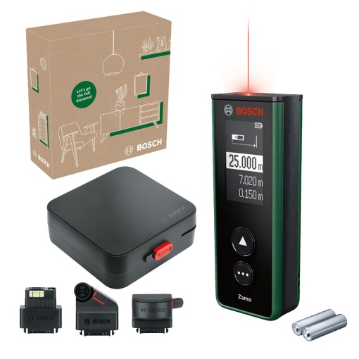 Telemetru laser Bosch Zamo de generatia a 4-a cu 3 atasamente (masurare simpla si precisa pana la 25 m, baterii reincarcabile prin USB-C, cu interfata adaptor, intr-o cutie de comert electronic)