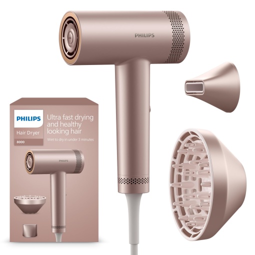 Uscator de par de mare viteza Philips seria 8000, ThermoShield Advanced, Ionic, duza de coafare si difuzor, ingrijirea scalpului, 1400 W, sampanie roz, model BHD837/10