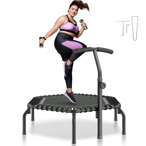 VEVOR Mini trambulina pliabila Fitness Rebounder 1384 mm 205 kg Trambulina Taining incarcabila, trambulina de gradina cu trambulina rebounder cu maner din spuma reglabil pe inaltime in 3 trepte si 44 de curele de tensiune