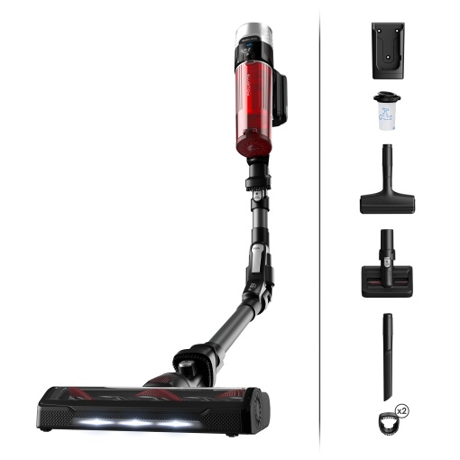 Aspirator fara fir fara fir Rowenta X-Force Flex 9.60 Animal, 100 Air Watt, baterie detasabila, autonomie de pana la 45 min., articulatie flexibila, duza LED, inclusiv accesorii pentru par de animale de companie, rosu/negru, RH2078