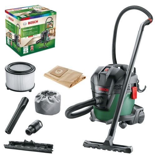 Aspirator umed si uscat Bosch UniversalVac 15 intr-un set de cinci pungi de filtru de hartie (1000 wati, volum recipient de 15 litri, intr-o cutie)