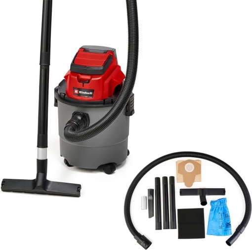 Aspirator umed si uscat fara fir Einhell TC-VC 18/15 Li-Solo Power X-Change (litiu-ion, recipient din plastic 15 l, 4 role, incl. furtun de aspiratie, diverse filtre, fara baterie si incarcator)