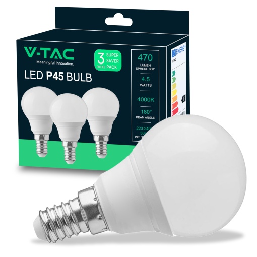 Bec LED V-TAC 3x E14 P45-4.5W (echivalent cu 40W) - Pachet de 3 - 470Lumeni - Becuri LED - Bec de economisire a energiei - Lumina 4000K Alb Neutru, Alb Rece