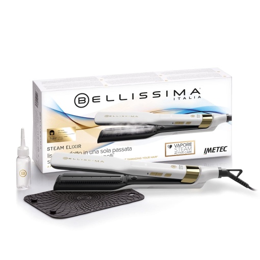 Bellissima Steam Elixir, plac de indreptat parul cu aburi, par drept dintr-o singura miscare fara deteriorare, indreptator de indreptat, acoperire cu ceramica si ulei de argan, incalzire rapida, 4 temperaturi, covoras de protectie rezistent la caldura