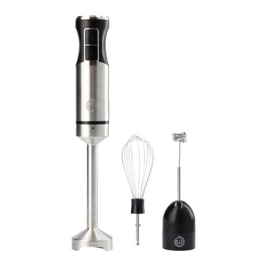 Blender de mana MasterChef din otel inoxidabil 3 in 1, blender de mana cu tel electric si spumant de lapte de mana, blender de mana cu 2 setari de viteza, aparat de bucatarie cu bagheta, poate fi spalat in masina de spalat vase, 400w