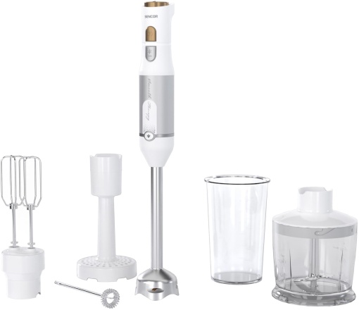 Blender de mana multifunctional Sencor, ultra-puternic, 6 in 1, 1200 W, cu tel, tocator si mousseur, tocator de cartofi, lame quadblade din titan, fara trepte