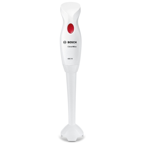 Blenderul de mana Bosch CleverMixx MSM14000, picior de blender detasabil, maner ergonomic, carcasa usoara, cutit cu 4 lame, usor de curatat, 400 W, alb/rosu