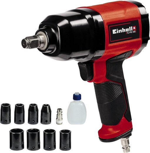 Cheie pneumatica cu impact Einhell TC-PW 340 (cuplu max. 340 Nm, rotatie stanga/dreapta, maner cauciucat, incl. 8 prize, sticla de ulei (goala), mamelon cu priza)