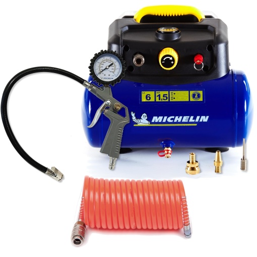 Compresor de aer portabil Michelin MBL6 compresor de aer fara ulei de 6 litri kit inclusiv pistol de explozie furtun spiralat si 3 duze