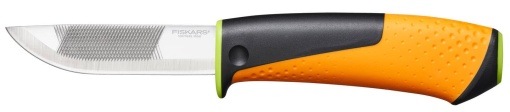 Cutit de inalta performanta Fiskars, inclusiv toc cu ascutitor de cutite integrat, lungime totala: 21,9 cm, negru/portocaliu/verde, 1023619