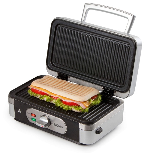 DOMO DO9136C Multifunctional Device 3-in-1 Sandwich Maker, Fier de vafe, Gratar de contact - Acoperire antiaderenta - Otel inoxidabil/Negru